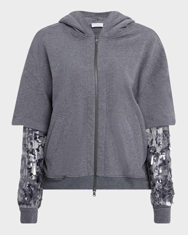 Hooded Zip Jacket with Sheer Sequined Raindrop Sleeves